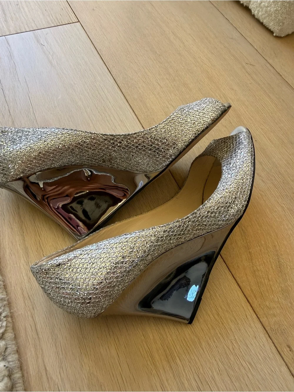 Jimmy Choo Silver Glitter Peep-Toe Wedge Heels